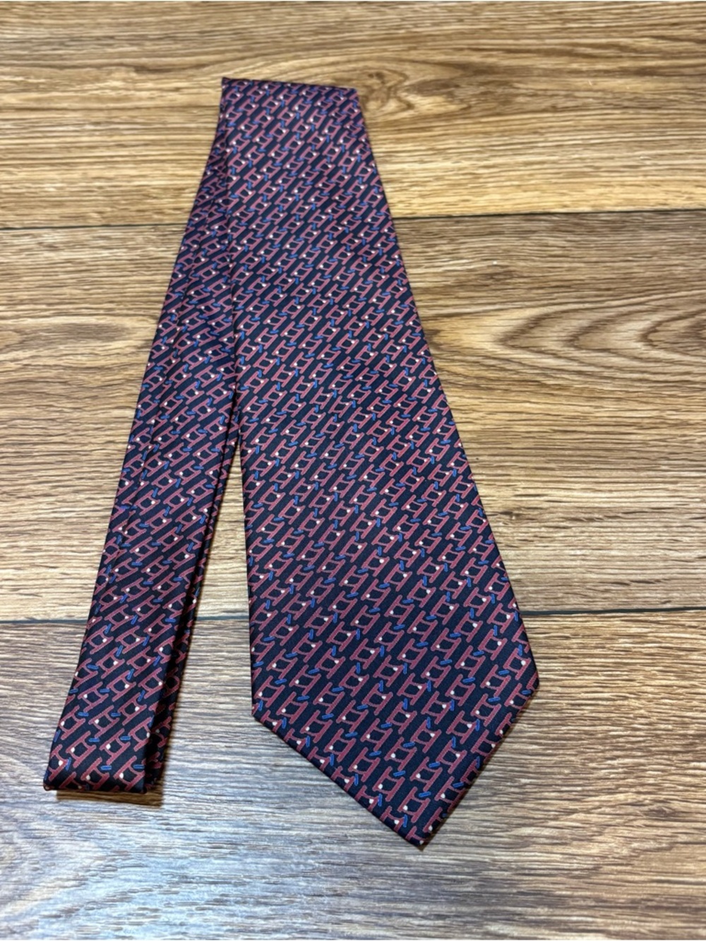 Vintage Designer Thai Silk Burgundy Navy Geometric Quiet Luxury Tie